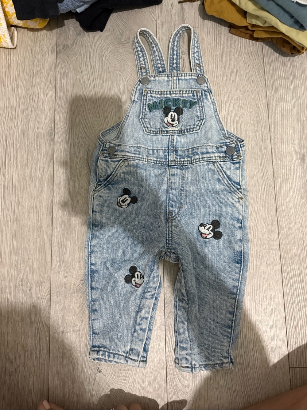 H&M Light Wash Denim Overalls with Mickey Patches